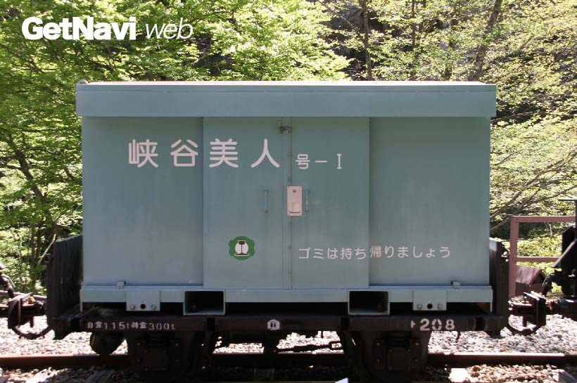 ↑「峡谷美人」と名付けられたゴミ運搬用のコンテナ貨物。ト形貨車に載せられて運ばれる