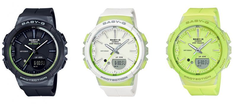 ↑BABY-G「BGS-100-1A(左)」「BGS-100-7A2(中央)」「BGS-100-9A(右)」17820円/10気圧防水/45.2×42.6×13.3 mm