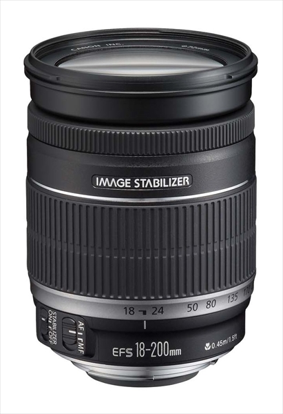 ↑キヤノン EF-S 18~200mm F3.5-5.6 IS。静止画撮影では便利なレンズだが、モーター音が大きめで、AF時の画角変化もあるため、残念ながら動画撮影には向かない