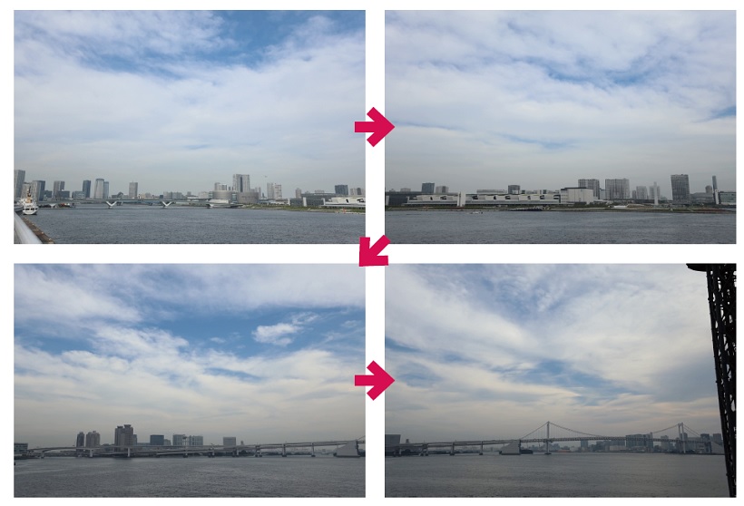 ↑パン撮影の例/撮影時間1.5時間、再生62秒。海辺の建物から雲の流れと船の動きをパンしながら撮影。1時間に90度ほど回るように赤道儀を設定し、1時間半で120度パンさせた。撮影時は、水平をしっかりとるのも大切だ