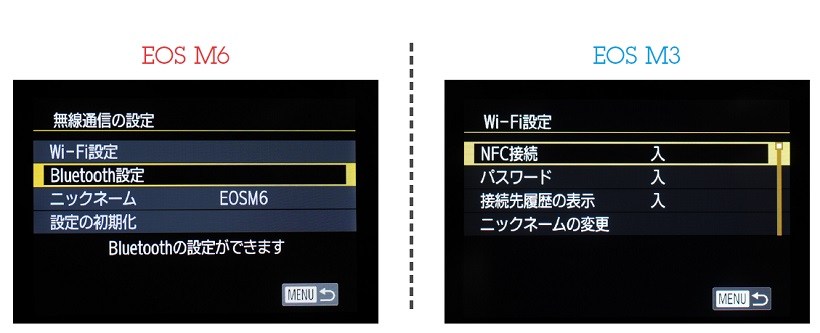 ↑両機ともWi-FiやNFCに対応しているが、EOS M6は、Wi-Fiに加えてBluetoothでの通信にも対応。Bluetoothでペアリングしておけば、その後のカメラとスマホの連携がスムーズに行える。SNSへの画像アップロードが素早く行えるほか、Bluetooth経由でのカメラのリモコン操作も行える