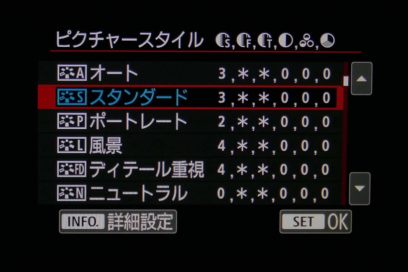 ↑ピクチャースタイルなどの仕上がり設定は、「スタンダード」を基本にする。この場合もオートでは撮影中に色が変化する可能性があるためだ。撮影後に、彩度やコントラストなどの調整が必要だと感じたら、設定を変えよう