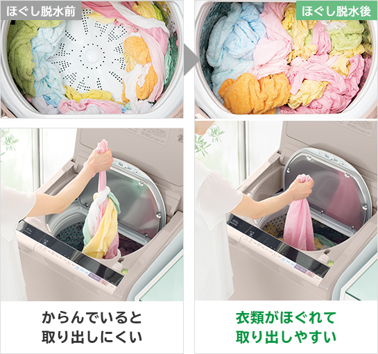↑ほぐし脱水は、脱水後、洗濯物がひとかたまりになるのを防いでくれます