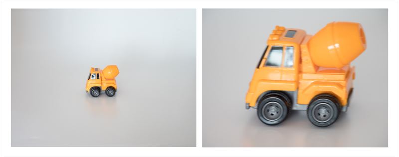 ↑ぜんまい式のおもちゃを、1/400秒のシャッター速度で焦点距離を変えて撮り比べた。50ミリ相当で撮った左の写真は、それほどブレは目立たない。それに対して200ミリ相当で撮った右の写真は、かなり大きくぶれていて、シャープさに欠ける仕上がりとなった。焦点距離が長くなると、そのぶんシャッター速度を速くしないといけないというわけだ