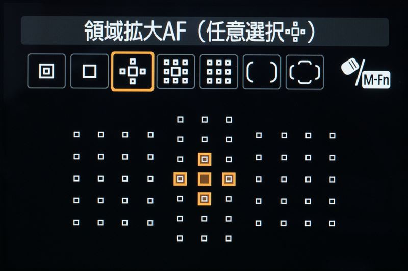 ↑キヤノンEOS 5DマークⅣの領域拡大AFの選択時の画面。使用する測距点は5点と9点の2種類から選ぶことが可能。ニコンのダイナミックAFなども同様の機能だ