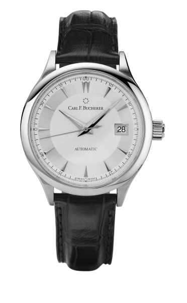 ↑カール F. ブヘラ「マネロ オートデイト」/Ref.00.10908.08.13.01/3気圧防水/直径38mm、 厚さ8.75mm