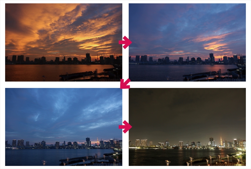 ↑夕景/撮影間隔15秒、撮影約2時間、再生50秒。見事な色の夕焼けになったので、その後の変化を撮ろうとタイムラプス撮影を行った。すると、少しづつ空が青く染まって行き、夜になっていった。ここでは、夜の時間帯も長めに撮って、街明かりの変化も加えて、約1分の動画にした