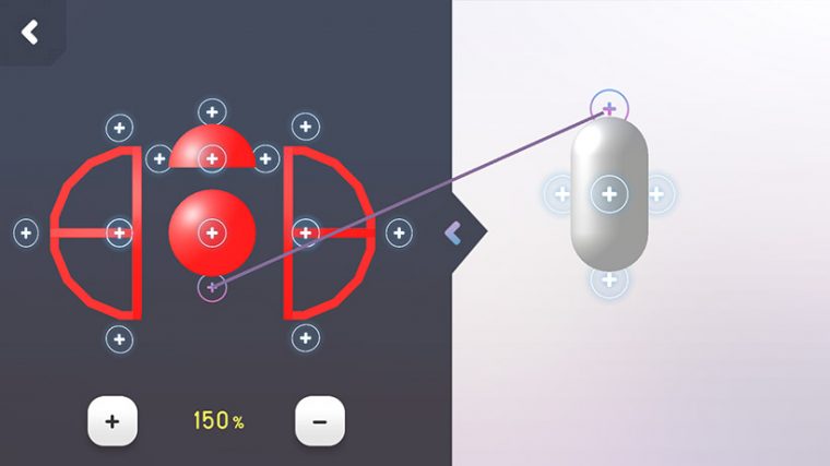 ↑「+」マーク同士をドッキングさせることでコアパーツ(右)にアクションパーツを装着することができます