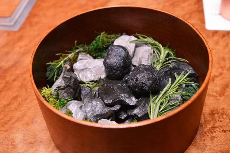 ↑アミューズの「THE garden」。黒毛和牛のメンチカツが2個隠れています。ソースの味がしっかり付いていて、きわめてジューシーでした