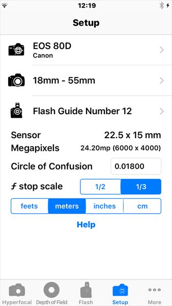 ↑まずセットアップ画面で、カメラの機種とレンズを入力しておく。「Circle of Confusion」では、必要に応じて許容錯乱円の値を変更できる