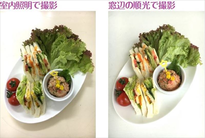 ↑室内照明下で撮影すると、光が全体に回ってフラットになるため、立体感に乏しくなる。色もどことなく冴えない。また、蛍光灯、電球といった照明の種類によって色合いは変化する。窓辺の順光(窓を背にする状態)で撮影すると、窓から差し込む自然光によって立体感が出て、色もきれいに出る。しかし、手前からの光によって画面上部が暗くなり、若干重たい印象だ