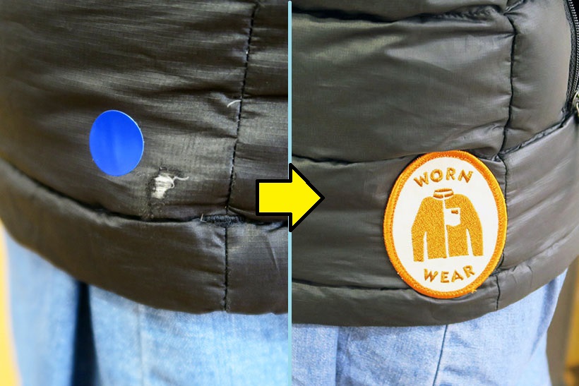 ↑穴が空いたダウンに「WORN WEAR」のワッペンを当てて修理