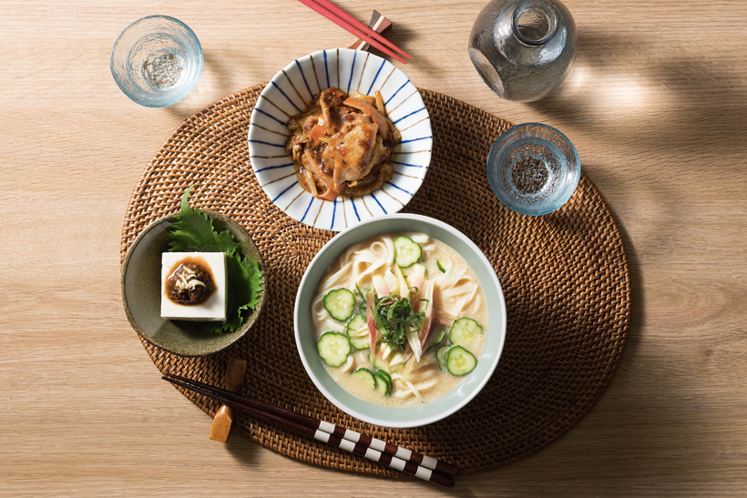 ↑写真は三升漬(左下)、ぴにおん くうすみそ(右上)、ごまだし稲庭うどんセット(右下)