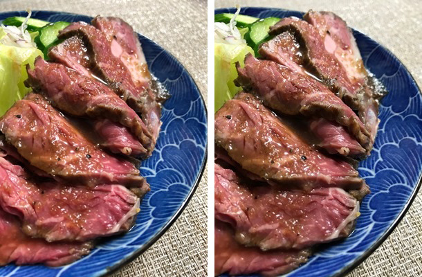 ローストビーフを撮り比べてみると、左では肉のつややかさと赤みが際立っているのがわかります。(左が8 Plus、右が7)