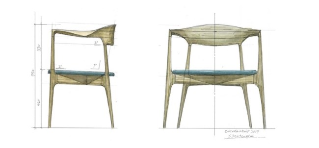クラフトデザイナー松岡茂樹さんが実際に描いた「cocoda chair 2017」のスケッチ画。改良が加えられた背もたれ部分を中心に、緻密で繊細な線で描かれています