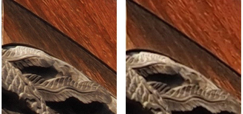 ↑ハイレゾショットは、センサー位置をごくわずかに動かして高画素の画像を生成するため、撮影には三脚が必要だ。被写体の動きには強くなってはいるが、動いた部分の解像が低下することもあるので、動かない被写体が向いている。ハイレゾショット使用(左)と通常撮影(右)を比較すると、約5000万画素となる左の写真のほうが、細かい部分まで描写されているのがわかる