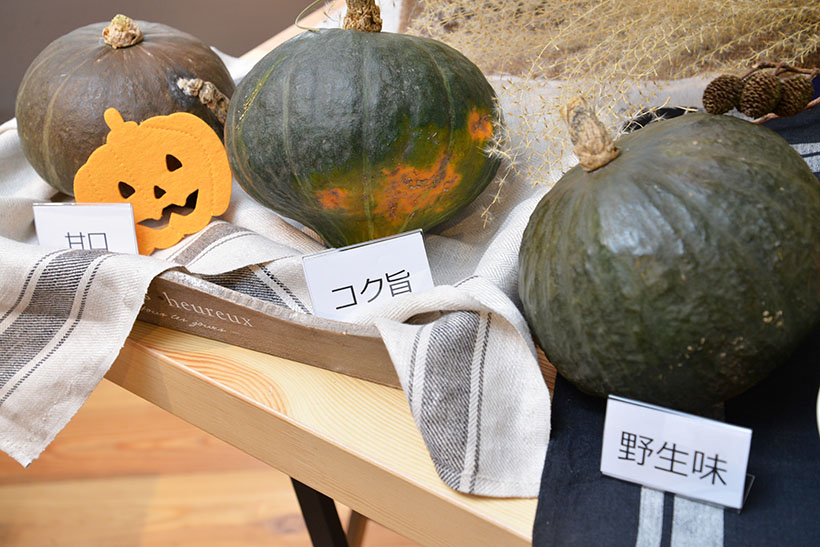 ↑カボチャにもそれぞれの味わいが。たとえば、ハロウィンに子ども向けの料理を作るなら甘口を、というオーダーも可能