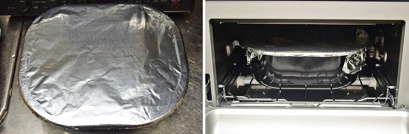 ↑くん製容器にアルミホイルをかぶせてしっかりとフタをする。ロティサリーグリル&スモークに入れ、くん製メニューを選んでスタートするだけだ