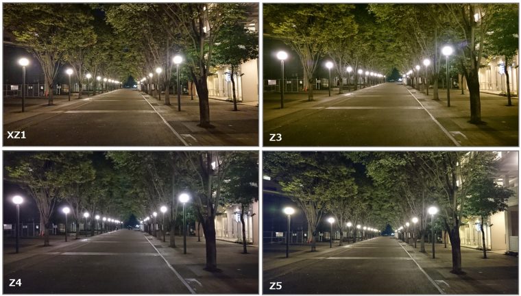 ↑夜景を4台のXperiaで撮影。Xperia XZ1はやや暖色が強めに撮れた。どのXperiaも夜景を明るく撮れる優秀なカメラ機能を搭載している
