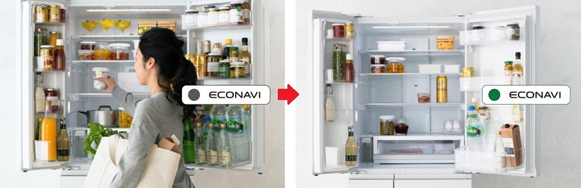 ↑食品が減ってくると、「エコナビ」ランプが点灯して冷やしすぎのムダを省きます