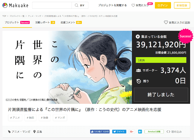 Makuakeで資金を集めた『この世界の片隅に』。エンドロールには、支援者の名前もクレジットされました