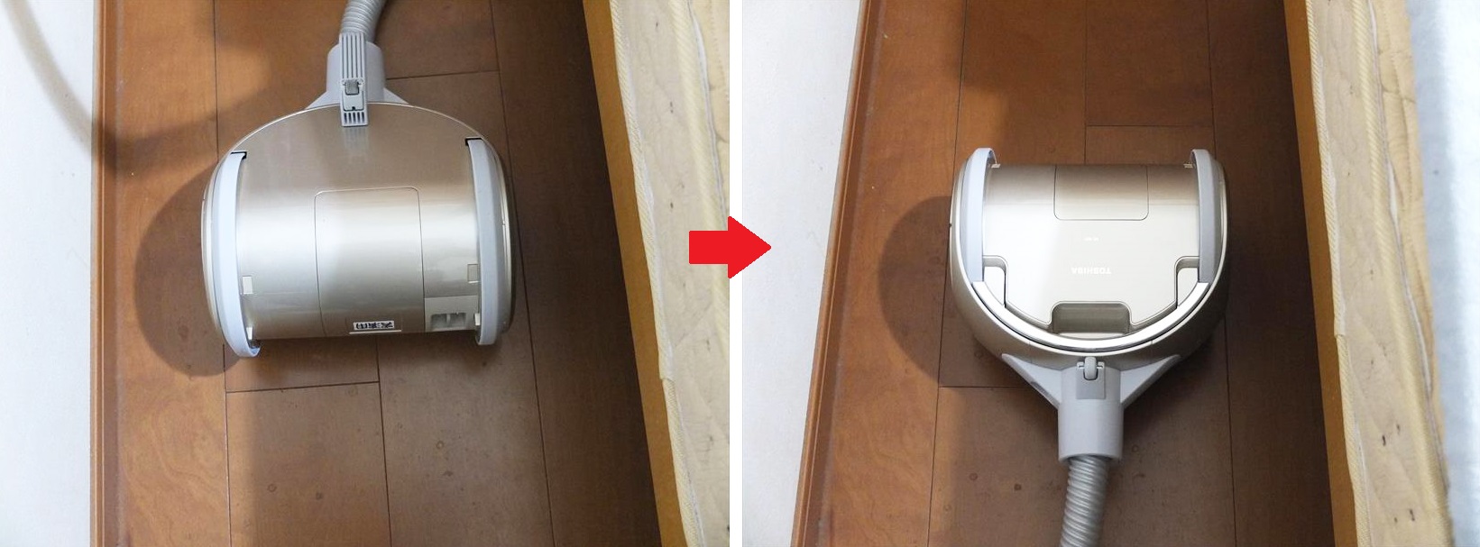 ↑ホースを持ち上げると、大型車輪の回転軸に沿って本体がぐるっと反転。そのまま逆方向に掃除を続けることができます。本体先端の補助輪も両側に付いています。