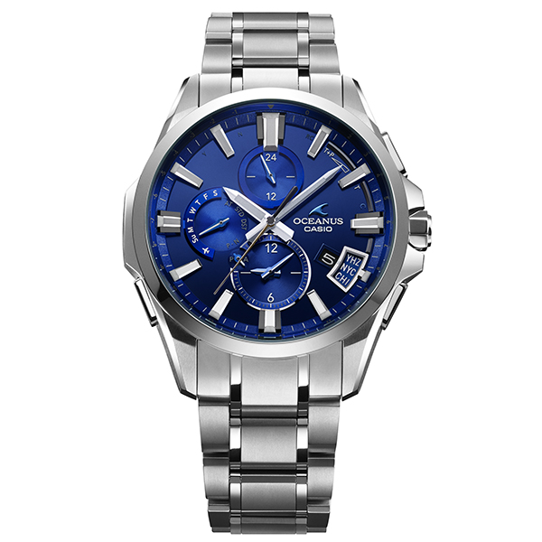 ↑「OCW-G2000-2AJF」21万6000円。3way受信システムに対応したソーラーウオッチのシンプル版。見た目は控えめながら、ザラツ研磨による平滑度の高い面仕上げや透明度99%を誇る両面無反射コーティングデュアルカーブサファイアレンズなど、上質な作り込みは健在