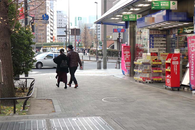 ↑旧萬世橋駅は秋葉原の中央通りの下にあった(写真の通気孔あたり)。後方に神田川にかかる万世橋とJR中央線の陸橋が見える