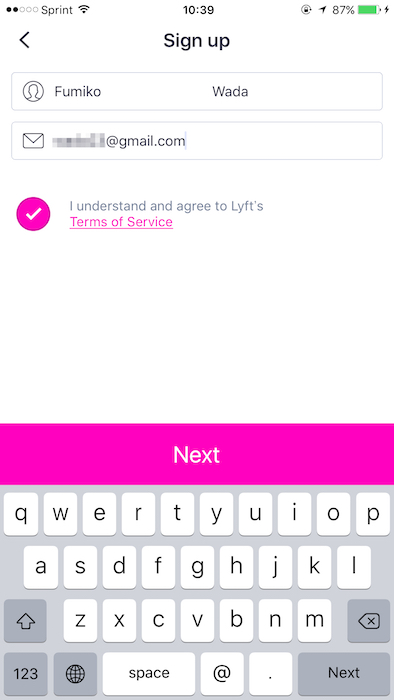 ↑姓名とメールアドレスを入力。「Terms of Service」を確認し、問題なければチェックを付けて「Next」をタップ