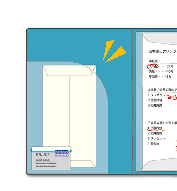 ↑封筒など小物を収納できるポケット付き