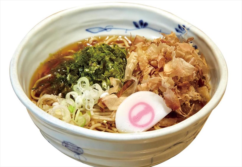 ↑国産海苔そば(480円)。国産のりとかつお節をたっぷりトッピング。のりの風味がやみつきに