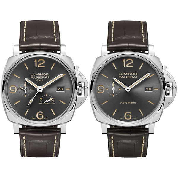 左/「ルミノール ドゥエ 3デイズ GMT パワーリザーブ オートマティック アッチャイオ – 45mm」Ref.PAM00944、右/「ルミノール ドゥエ 3デイズ オートマティック アッチャイオ – 45mm」Ref.PAM00943
