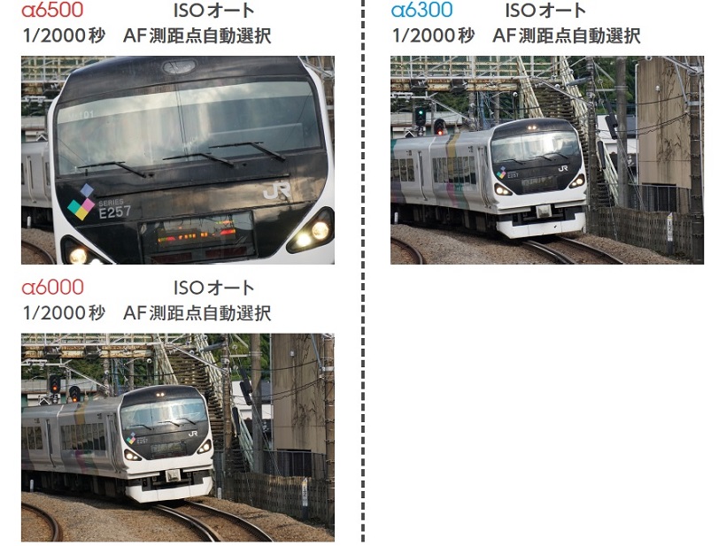 ↑α6300とα6000は、スペックどおり21コマ目以降で連写速度が低下し、その後は秒間1 ~2コマの連写になってしまった。α6500は、電車の先頭が画面を通り過ぎても連写できた。AF測距点自動選択を用いて撮影したが、3機種ともほとんどのカットでピントが合っていた。電車など、規則的な動きの被写体では、AFの差はほとんどないといえる