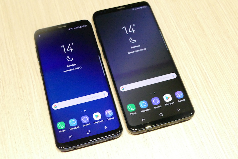 ↑「Galaxy S9」(左)と「Galaxy S9+」(右)のディスプレイ面。比率は縦18.5:横9となる。解像度は1440x2960ピクセルで、HDRコンテンツにも対応する
