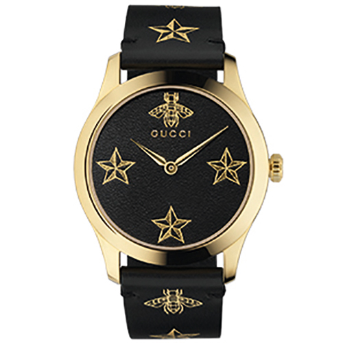 グッチ「G-タイムレス」12万9600円/Ref.YA1264055 クオーツ。イエローゴールドPVD加工SSケース。レザーストラップ。直径38mm。5気圧防水