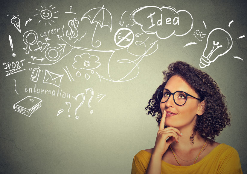 47505609 - portrait happy young woman thinking dreaming has many ideas looking up isolated grey wall background. positive human face expression emotion feeling life perception. decision making process concept.
