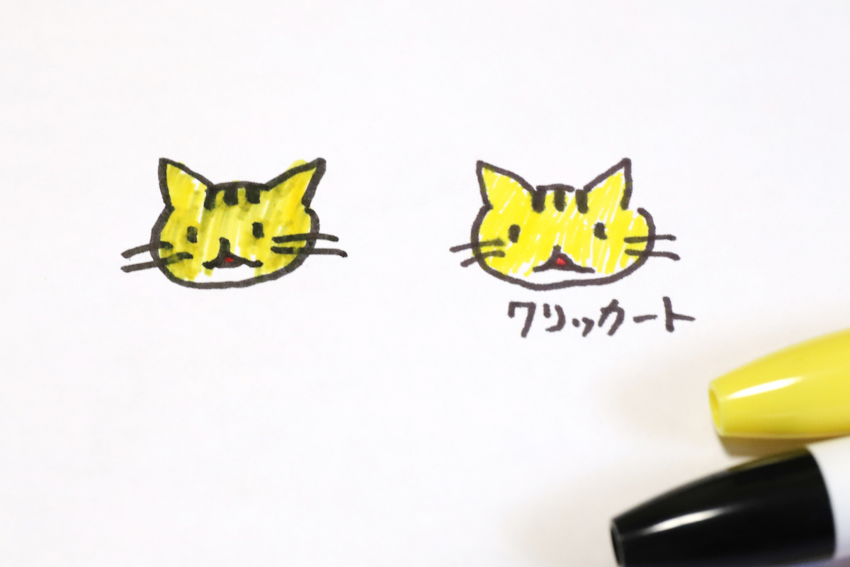 ↑写真左(従来の水性マーカー)と右(クリッカート)では、同じ条件で色を塗ってもにじみの差が一目瞭然