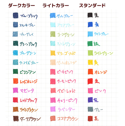 ↑最近のカラーペンのトレンド(ピンク・ブルー系の充実)をきちんと踏まえた印象のラインナップ