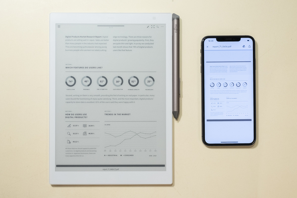 ↑書類の閲覧から共有までがこの2台でこと足りる。対応OSはAndroid 7以降(タブレット非対応)/iOS 11以降(iPad非対応)。Google Pixel 3およびGoogle Pixel 3 XL/3aは除外される。