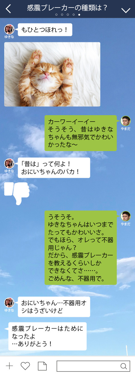 ゆきな もひとつほれっ！　やまだ カーワーイーイー そうそう、昔はゆきなちゃんも無邪気でかわいかったな～  ゆきな 「昔は」って何よ！ おにいちゃんのバカ！ （でっかいサムズダウンスタンプ入れてください）  やまだ うそうそ。 ゆきなちゃんはいつまでたってもかわいいさ。 でもほら、オレって不器用じゃん？ だから、感震ブレーカーを教えるくらいしか できなくてさ……。 ごめんな、不器用で。  ゆきな おにいちゃん…不器用オシはうざいけど ゆきな 感震ブレーカーはためになったよ …ありがとう！