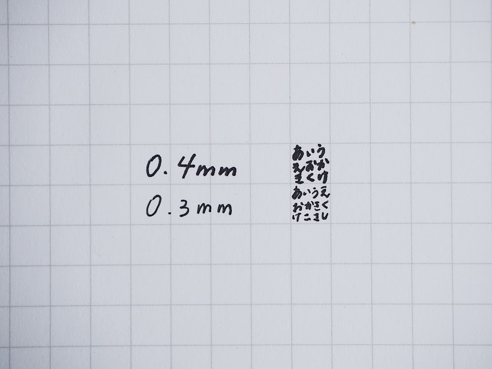 ↑0.3mmと極細だが、かすれずくっきりと書ける。5mm方眼の中にも文字が書き込めるほどの細字だ