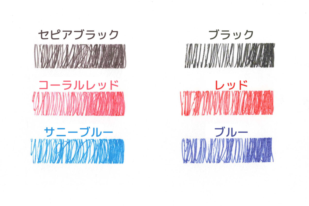 ↑レディア(左)と一般的なゲルインク(右)の3色を書き比べた