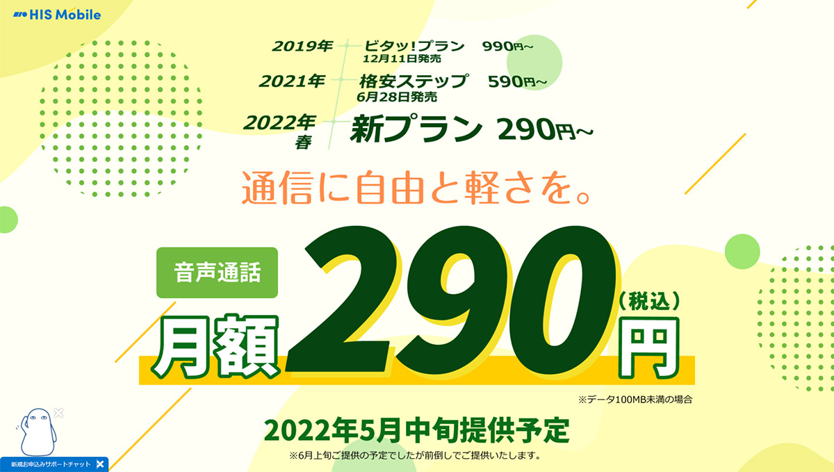 音声通話プランが月額290円から！ HISモバイルの新料金プランが5月中旬にスタート