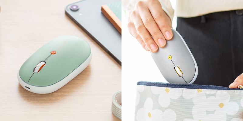 フラット形状とスモーキーな色がカワイイ！ 薄くて軽い充電式ワイヤレスマウス