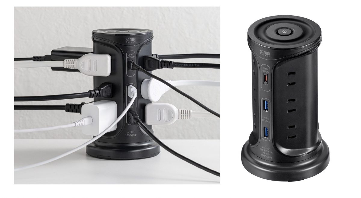 15台のデバイスを同時充電！サンワサプライのタワー型電源タップ「TAP-B112C1A2シリーズ」