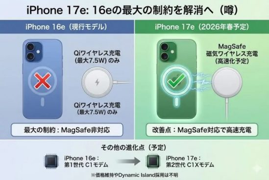 次期iPhone 17e、MagSafe対応で高速充電ゲット？