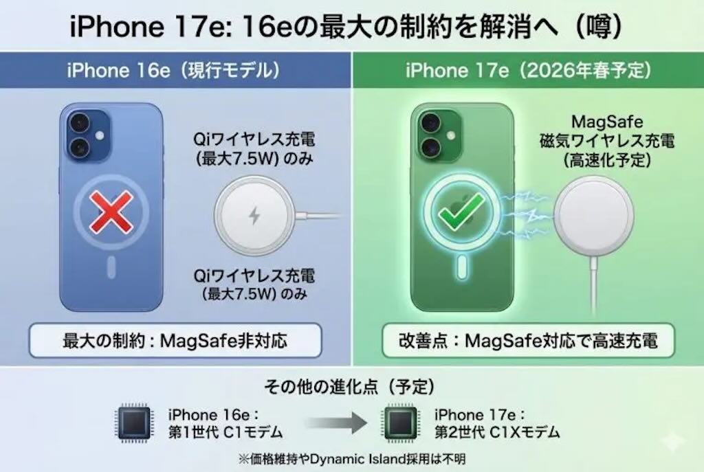 次期iPhone 17e、MagSafe対応で高速充電ゲット？