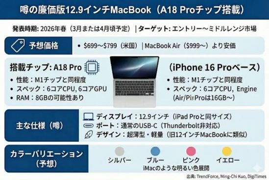 10万円以下？ 廉価版MacBook、この春登場か