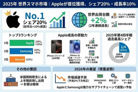 底堅いiPhone帝国。2025年の世界スマホ市場で首位に