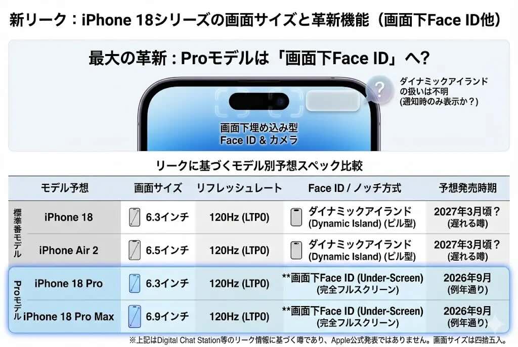 次期iPhone 18、Proモデルだけ画面下Face IDを導入？
